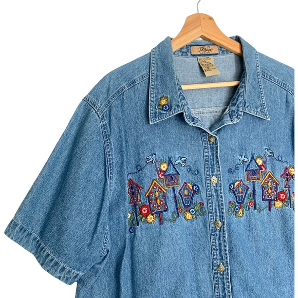 Bobbie Brooks Tops - Bobbie Brooks Vintage 90s Denim Button Up Shirt Embroidered Birdhouse Size 18W